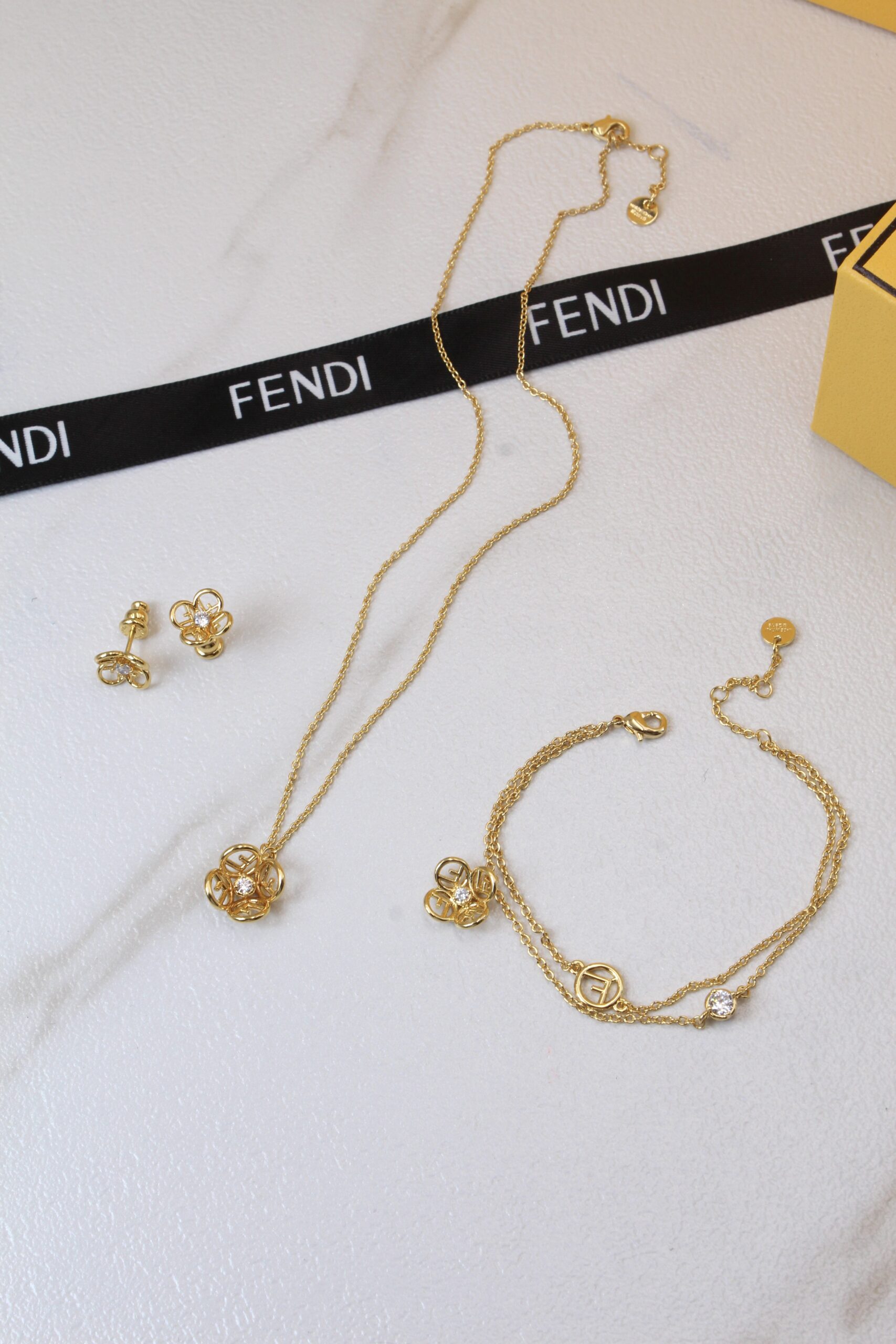 Fendi Signature FF Monogram Gold-Tone Floral Diamond Suite Set