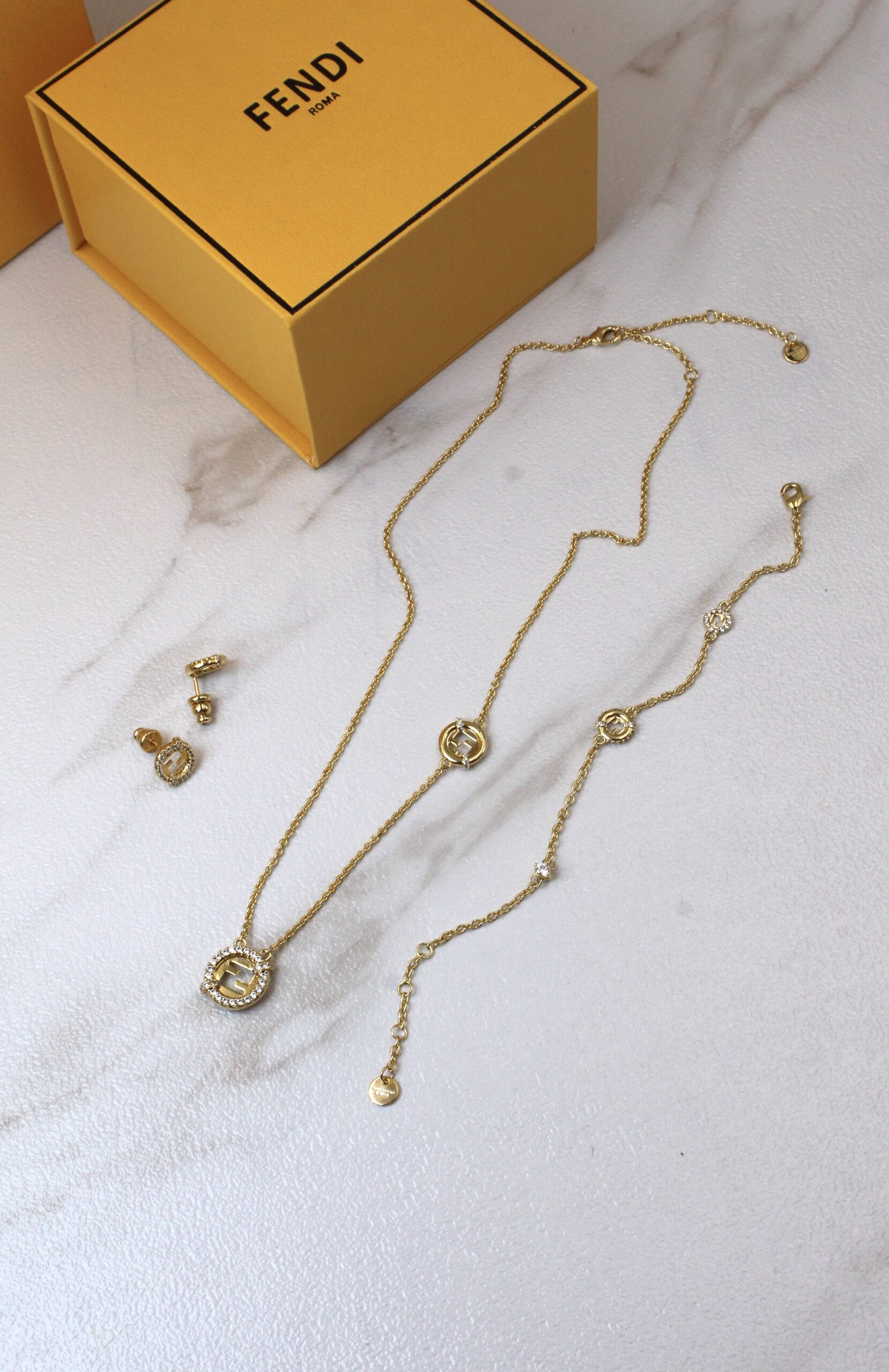 Fendi Signature FF Pavé Crystal Gold-Tone Jewelry Set