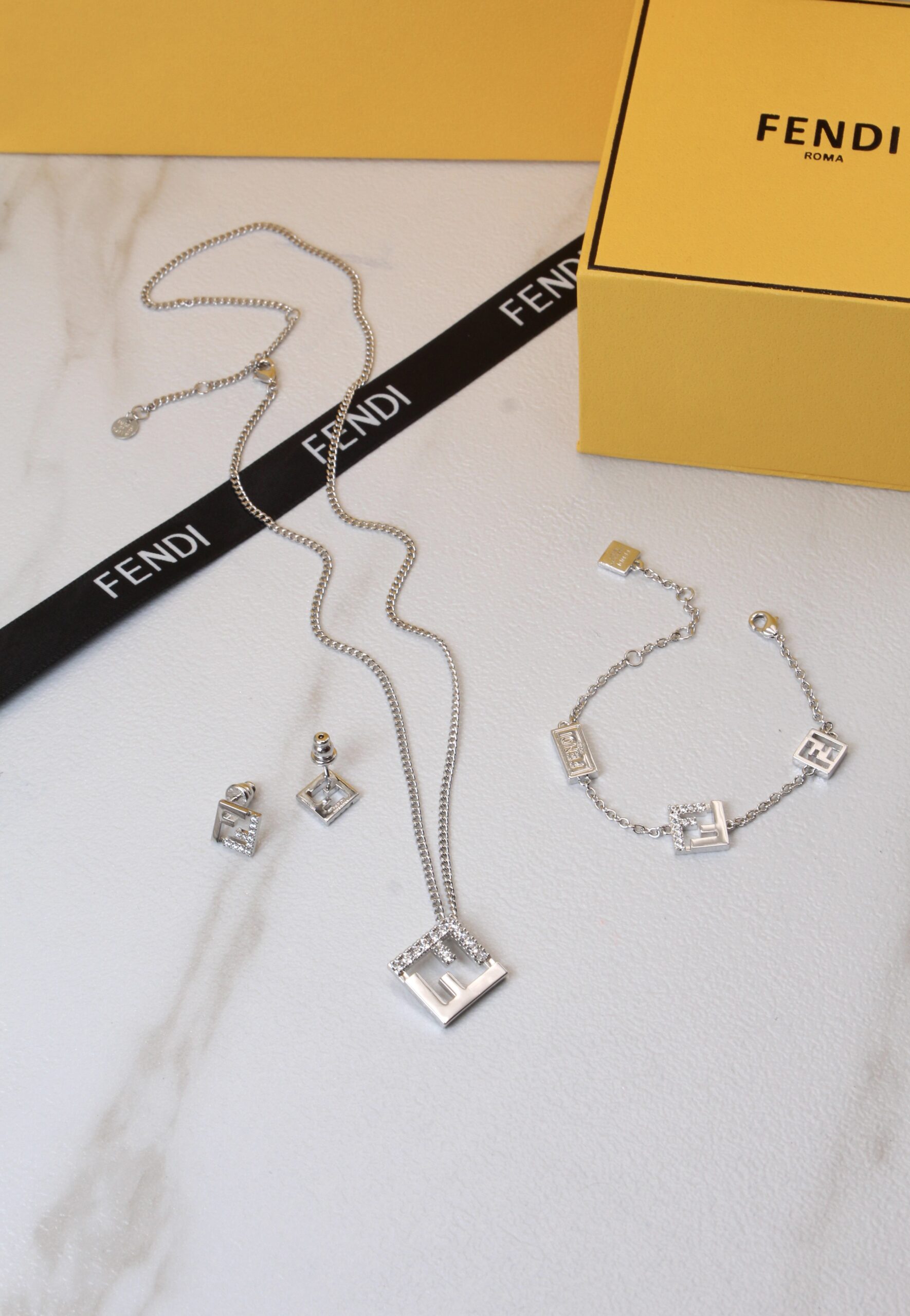 Fendi Silver-Tone FF Diamond-Embellished Pendant Necklace, Bracelet, and Earring Set