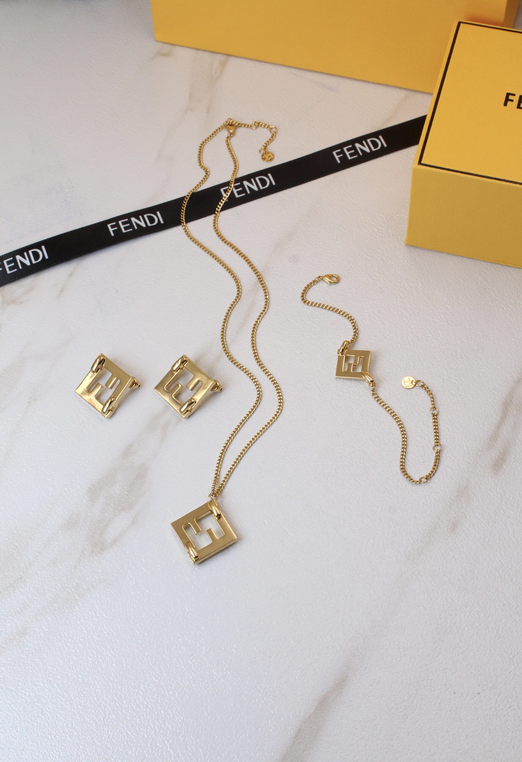 Fendi Gilt FF Logo Pendant Necklace, Bracelet, and Earring Set