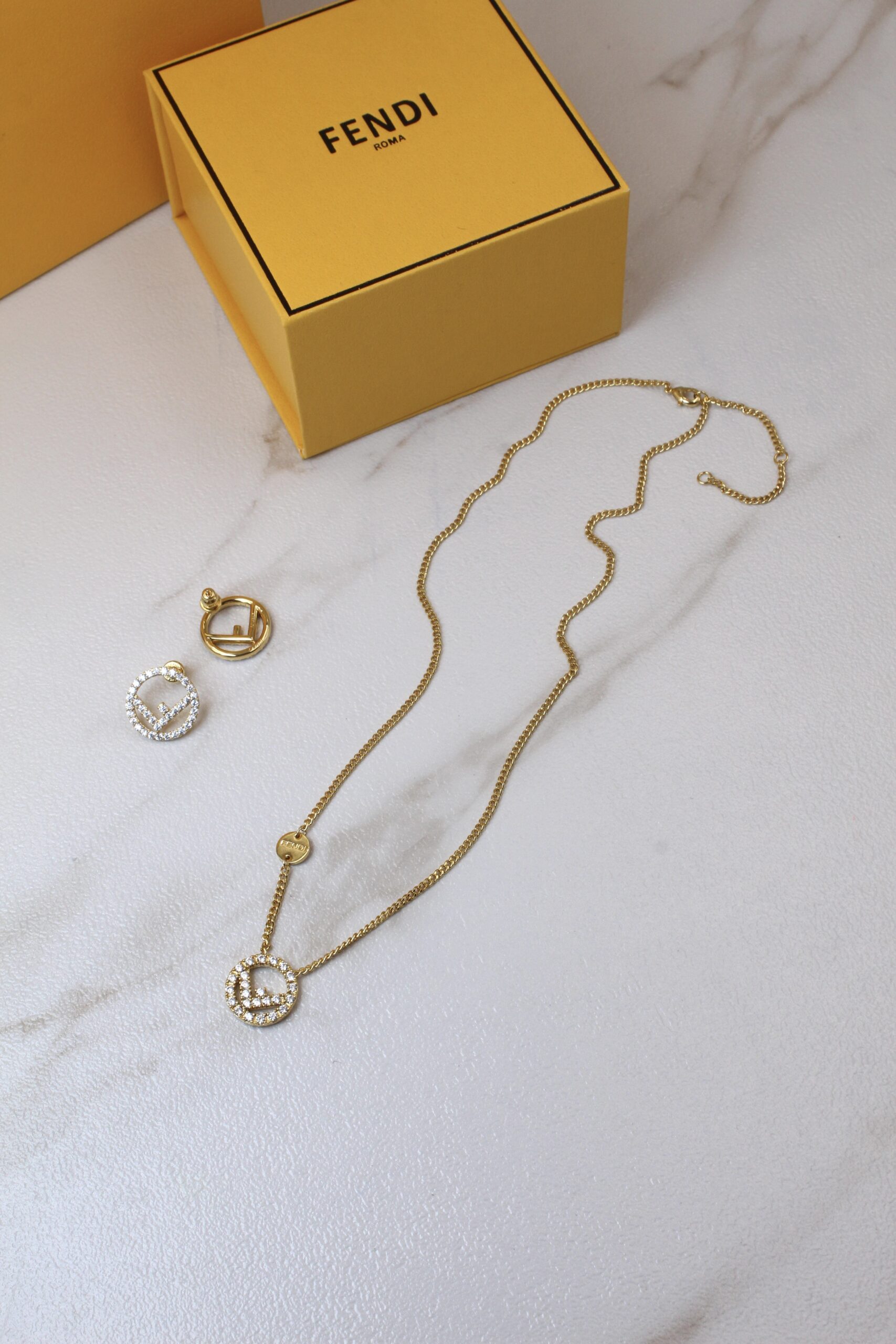 Fendi Signature Pavé FF Logo Gold-Tone Pendant Necklace and Earring Set