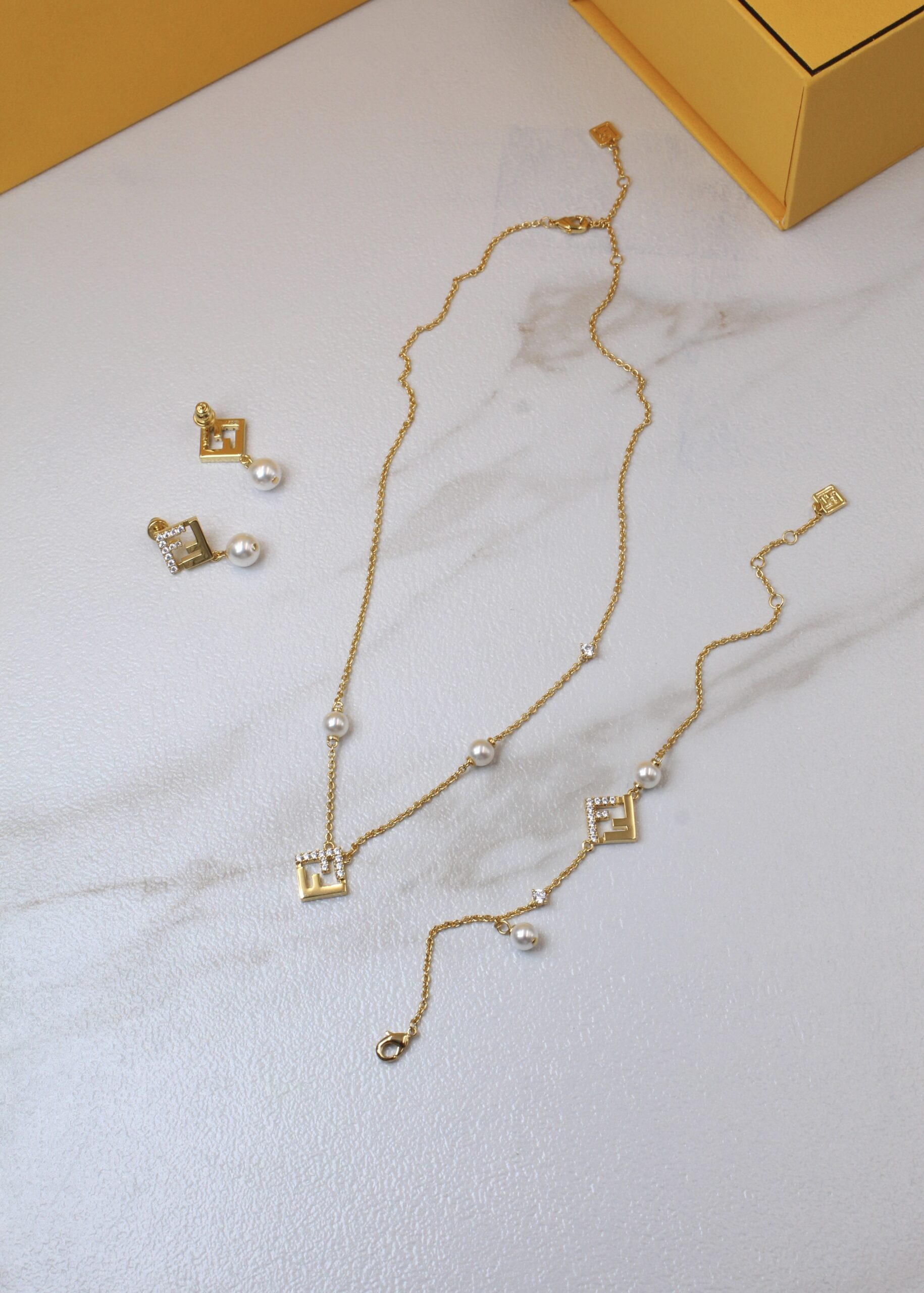 Fendi O'Lock Pavé Diamond and Pearl Gold-Tone Jewelry Set
