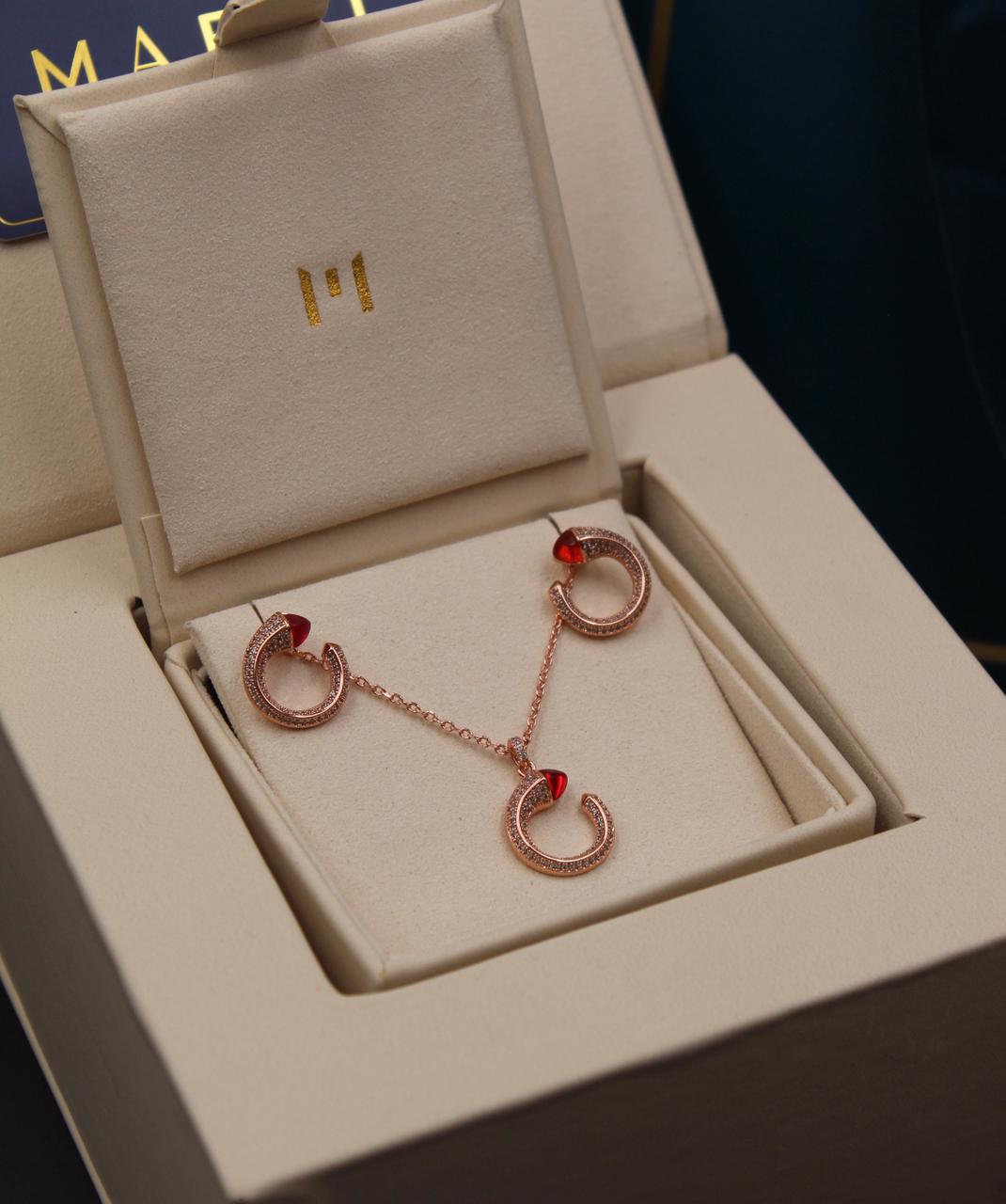 Marli 18K Rose Gold Pavé Diamond and Red Stone Pendant and Earring Suite