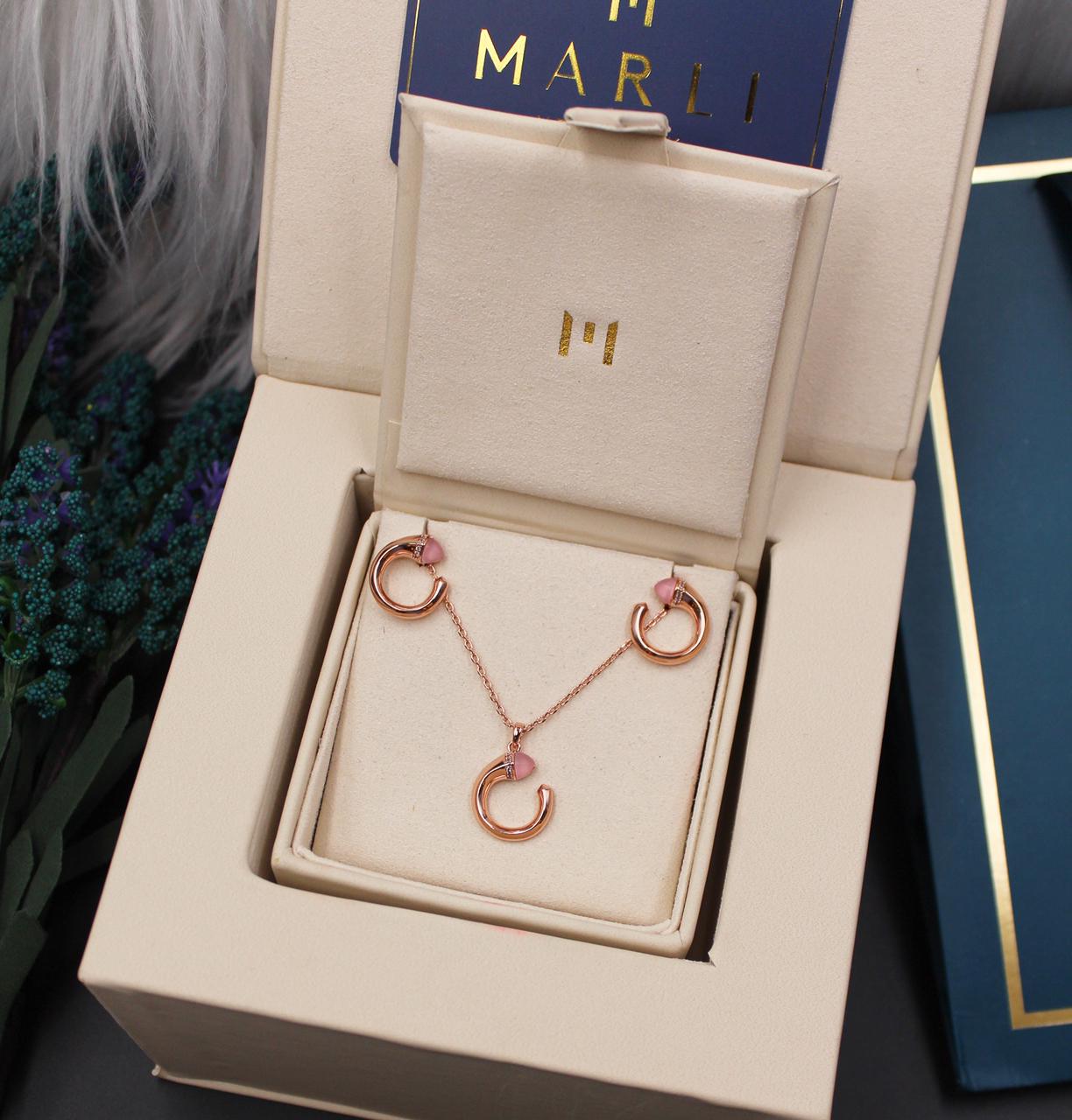Marli Rose Gold and Pink Gemstone Horseshoe Pendant Necklace and Earring Set