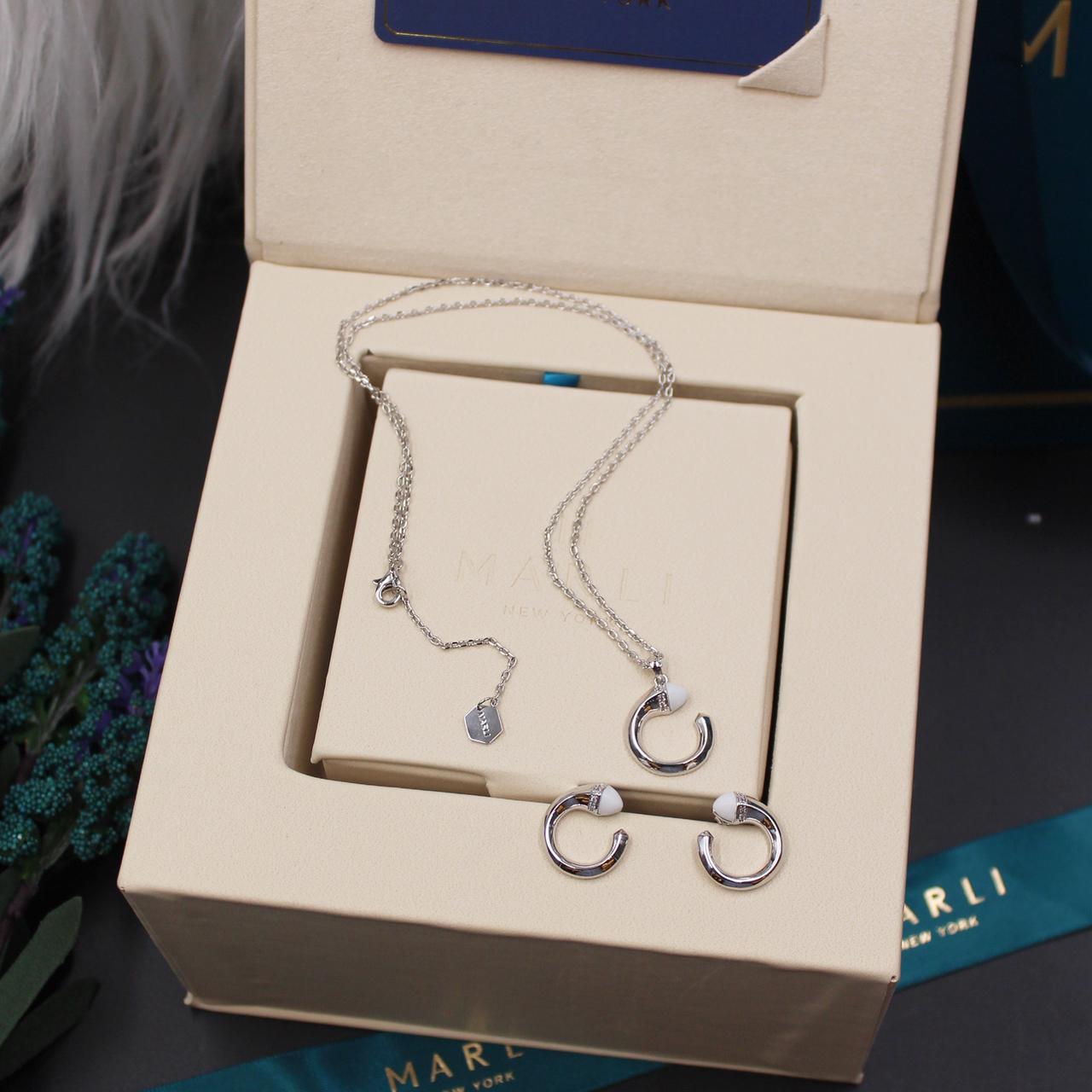 Marli New York Cleo White Agate and Diamond Pendant Necklace and Earring Suite in 18K White Gold