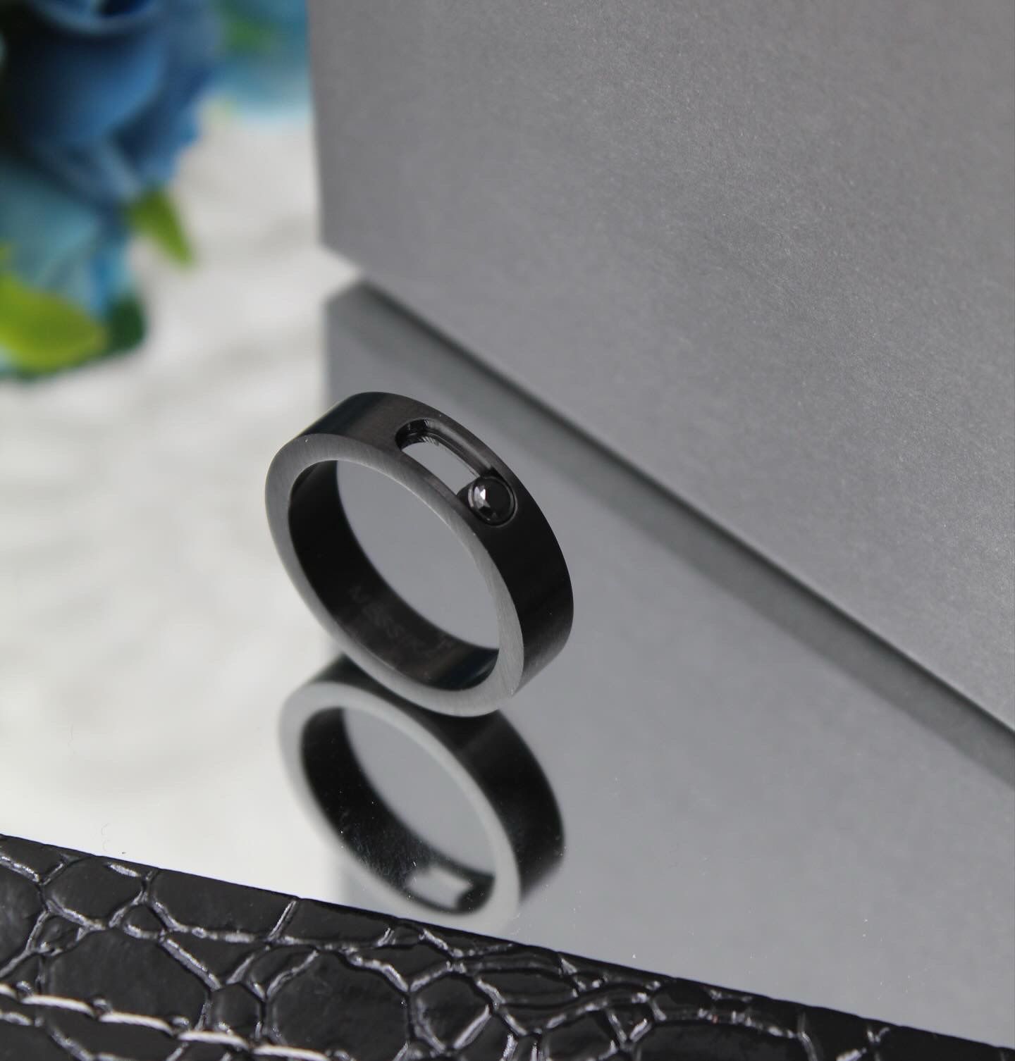 Matte Black Sliding Diamond Statement Ring in PVD Titanium
