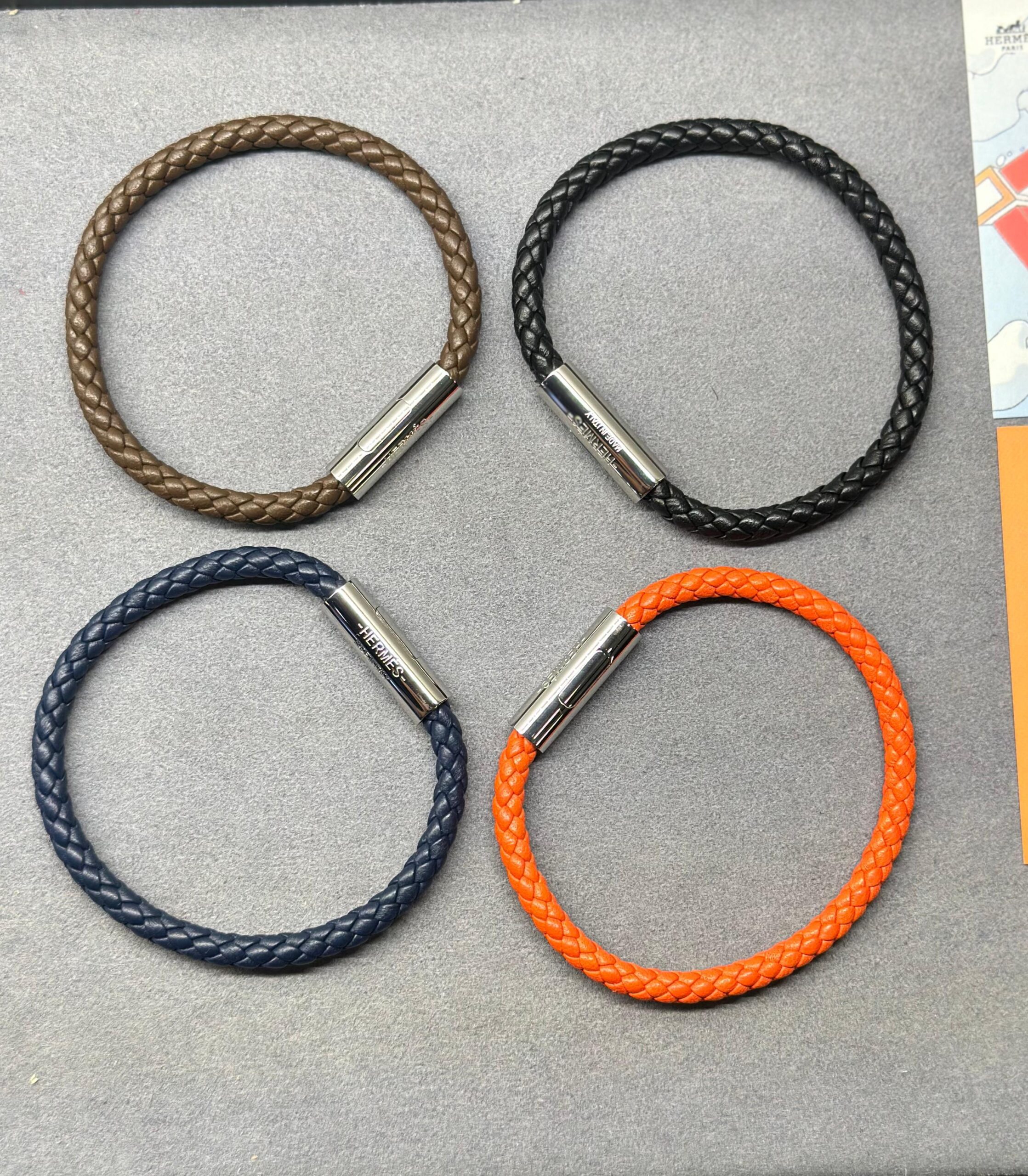 Hermès Woven Leather and Palladium-Finish Clasp Men's Bracelets
