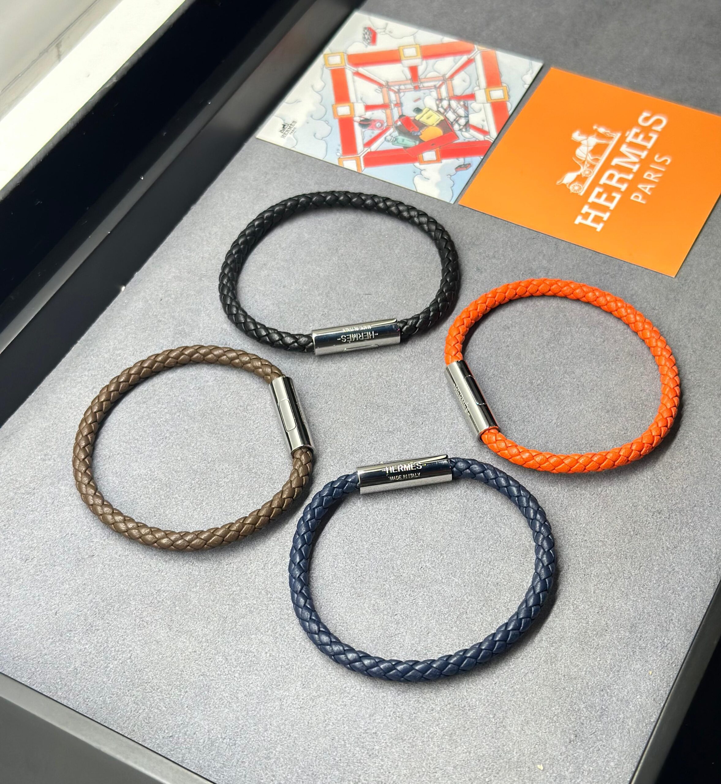Hermès Woven Leather and Palladium-Finish Clasp Bracelets