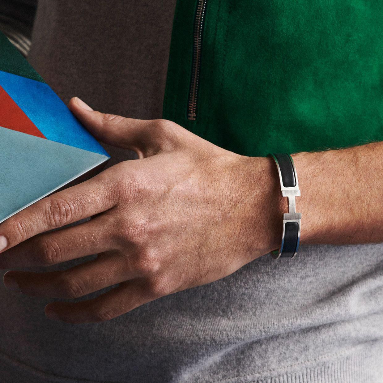 Hermès TGM Brushed Palladium and Black Calfskin Clic H Bracelet