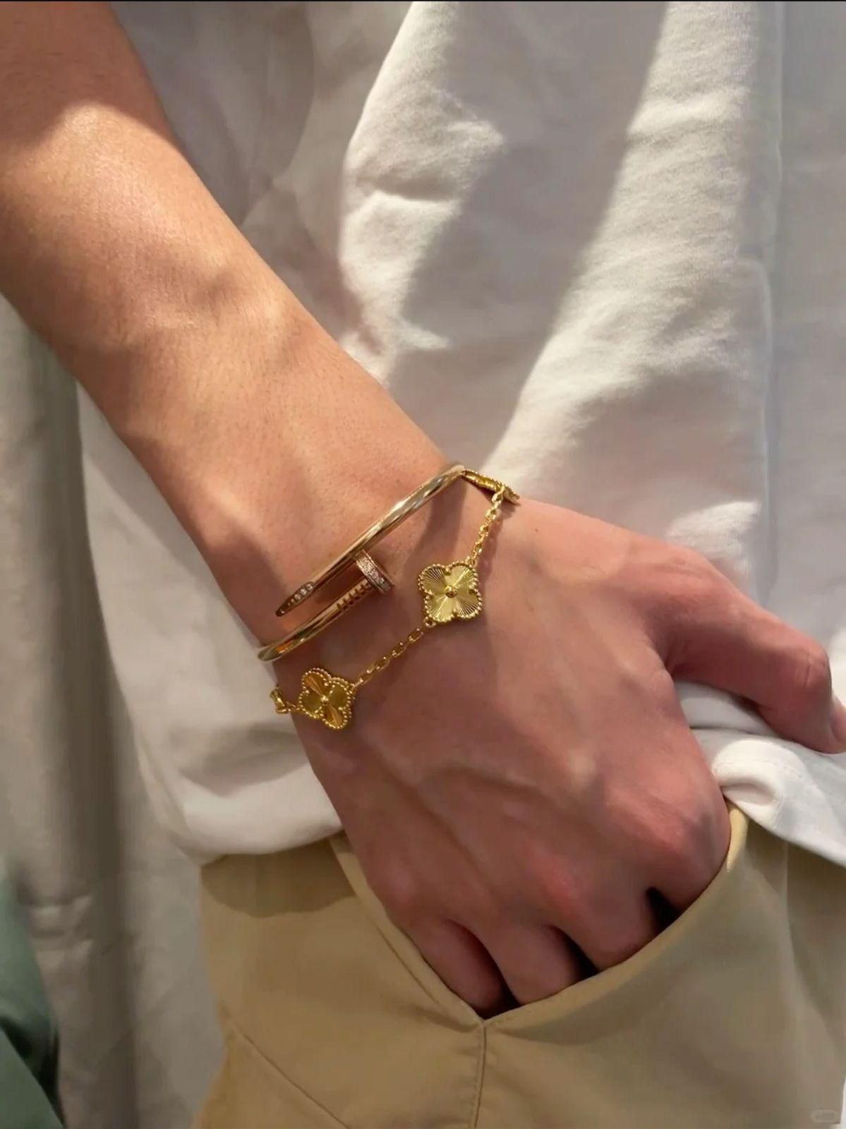 18K Yellow Gold Pavé Nail Cuff and Alhambra Clover Stacked Men's Bracelets