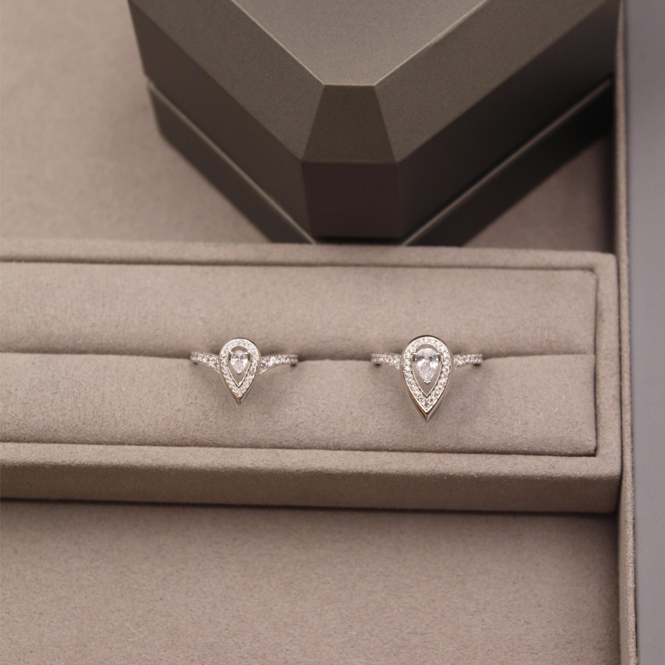 Messika Desert Bloom Pear-Cut Diamond Bypass and Halo Rings in 18K White Gold