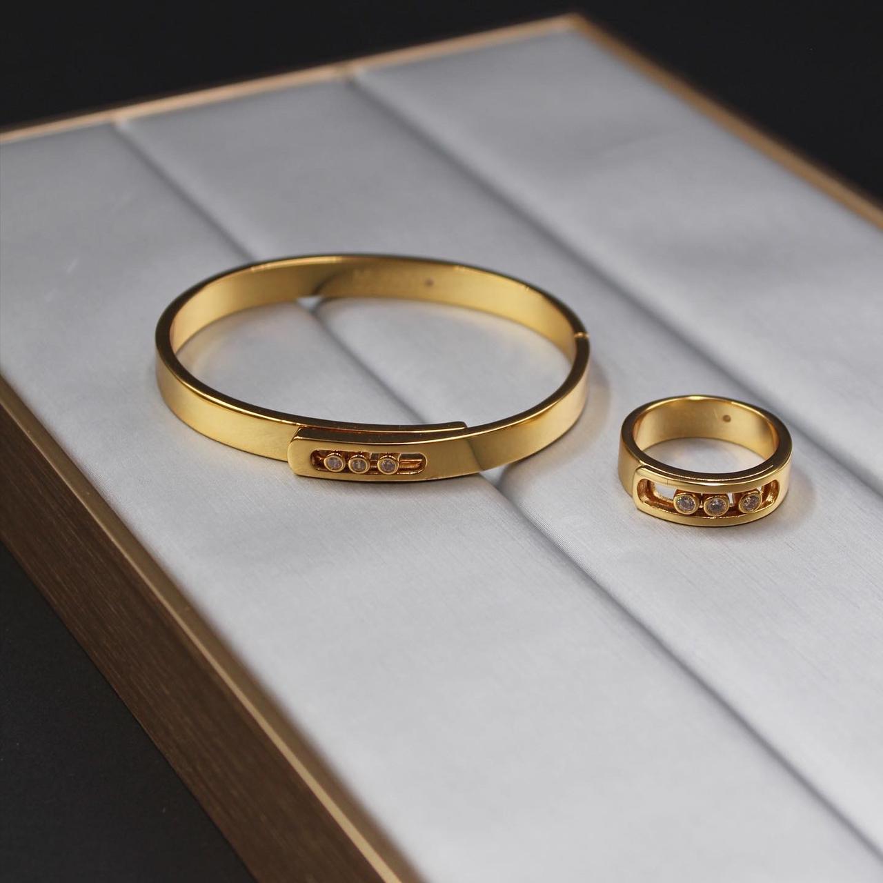 18K Yellow Gold Sliding Diamond Bangle and Matching Ring Suite