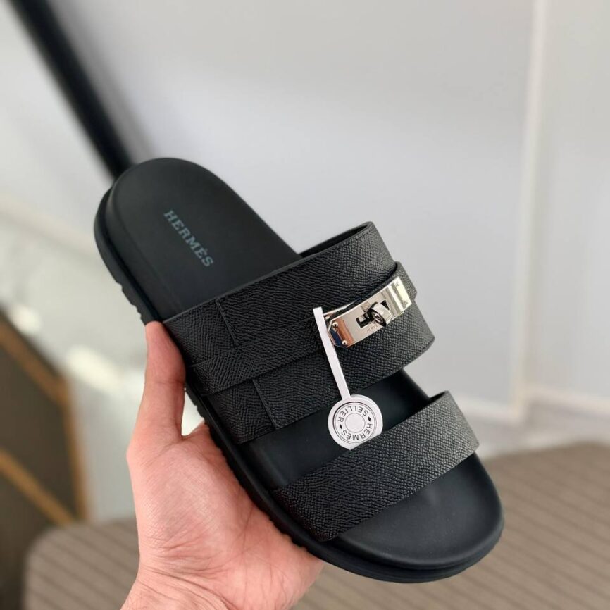 Hermès Black Epsom Leather Sandal with Palladium-Plated Hardware