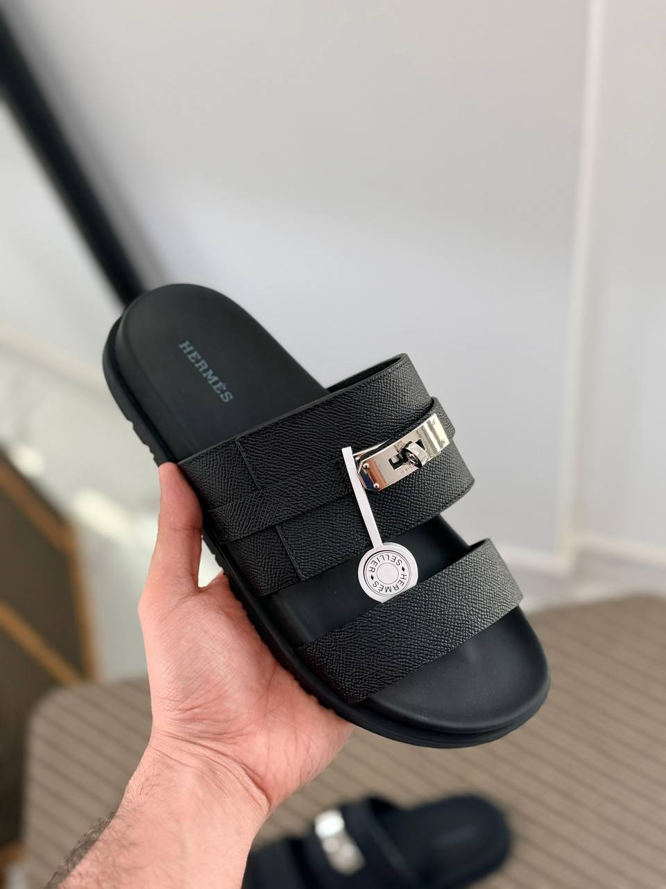 Hermès Black Epsom Leather Sandal with Palladium-Plated Hardware