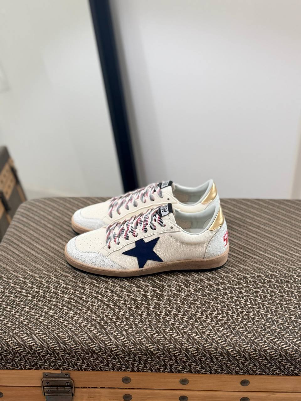Ball Star Distressed Leather Low-Top Sneakers with Contrast Star