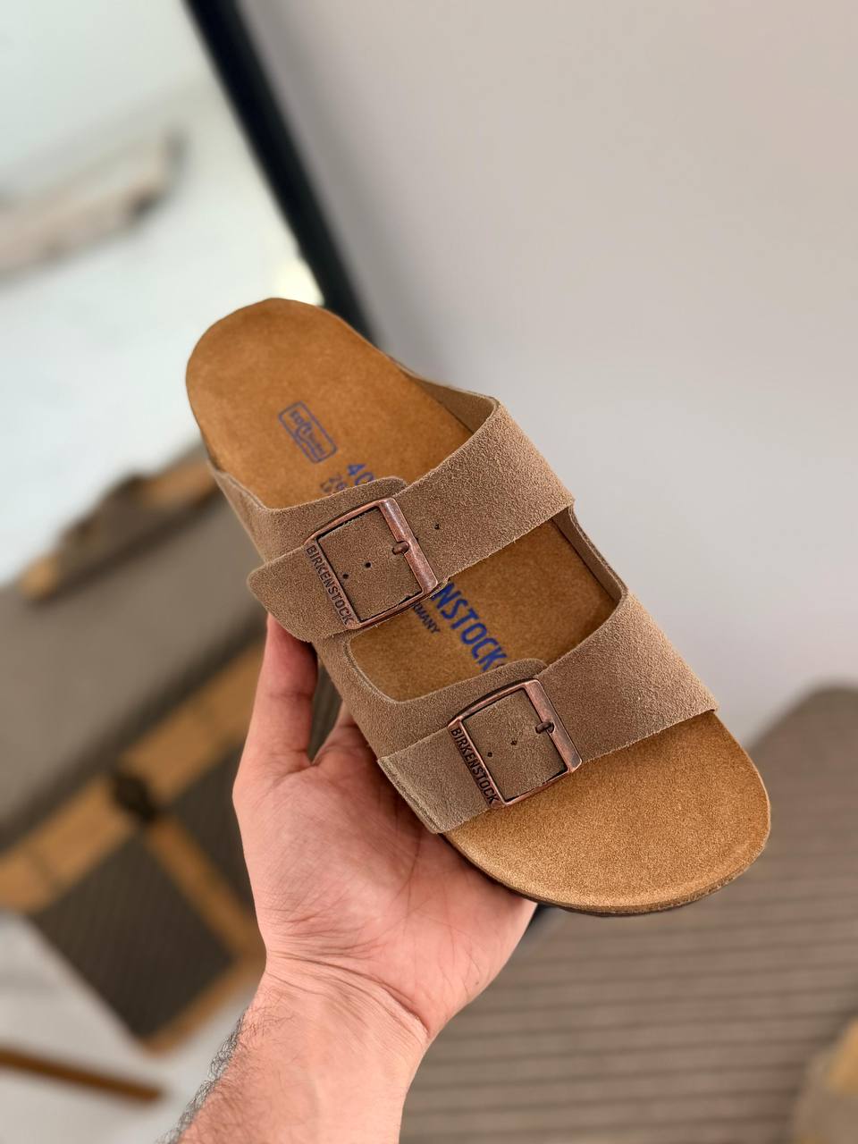 Arizona Soft Footbed Suede Sandals in Taupe