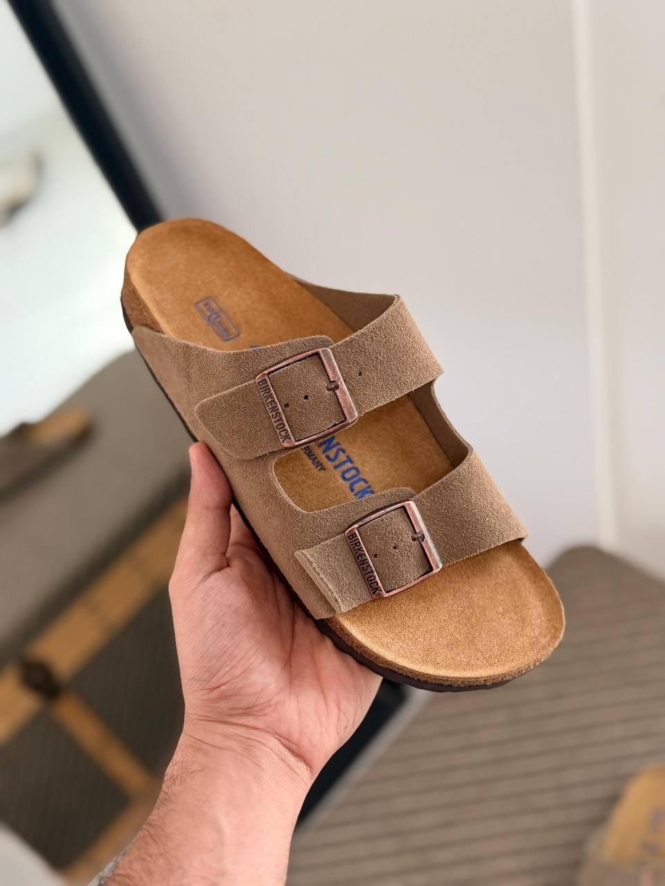 Arizona Suede Double-Strap Comfort Slides in Taupe