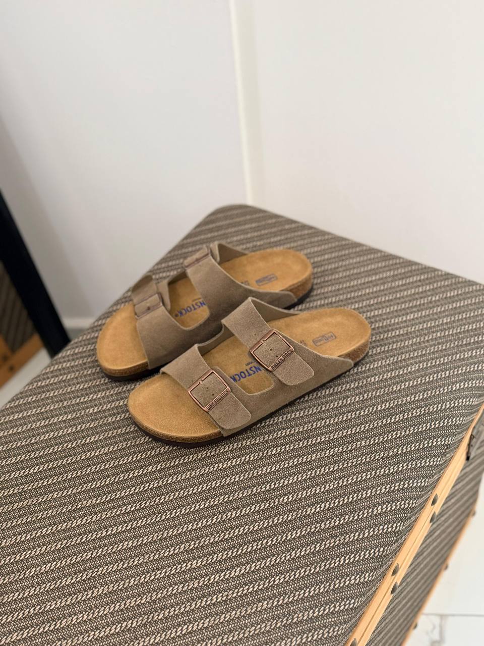 Arizona Suede Soft Footbed Sandals in Taupe