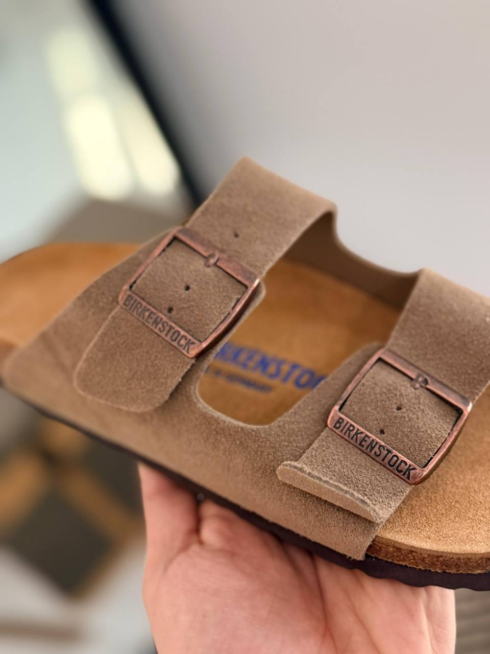 Arizona Suede Leather Two-Strap Sandals in Taupe