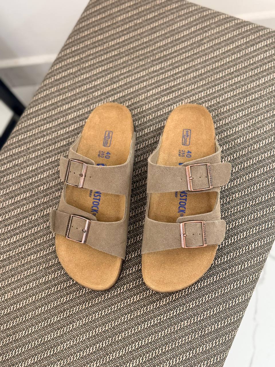Arizona Soft Footbed Suede Sandals in Taupe