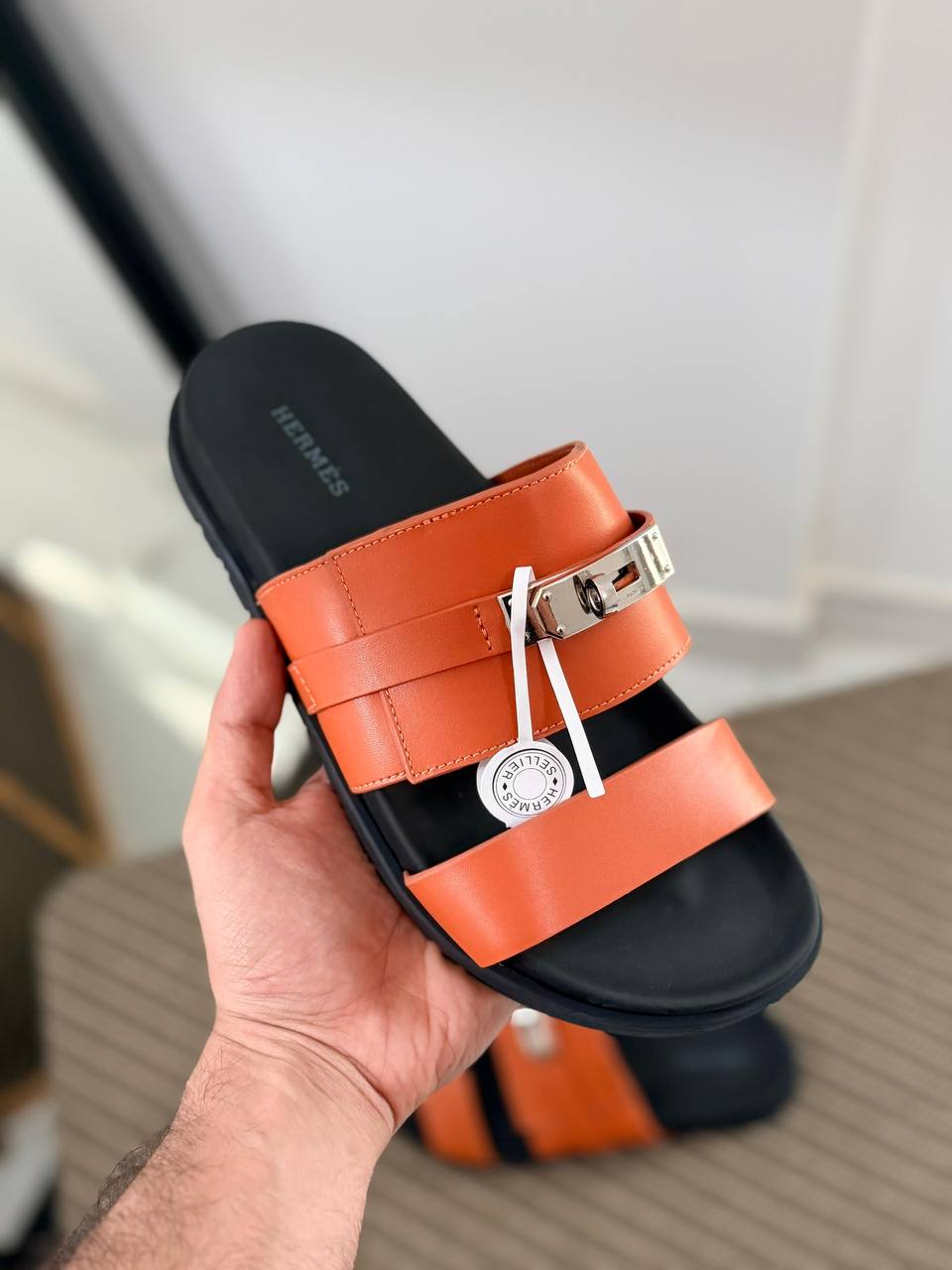 Hermès Izmir Inspired Leather Slide with Palladium-Plated Hardware