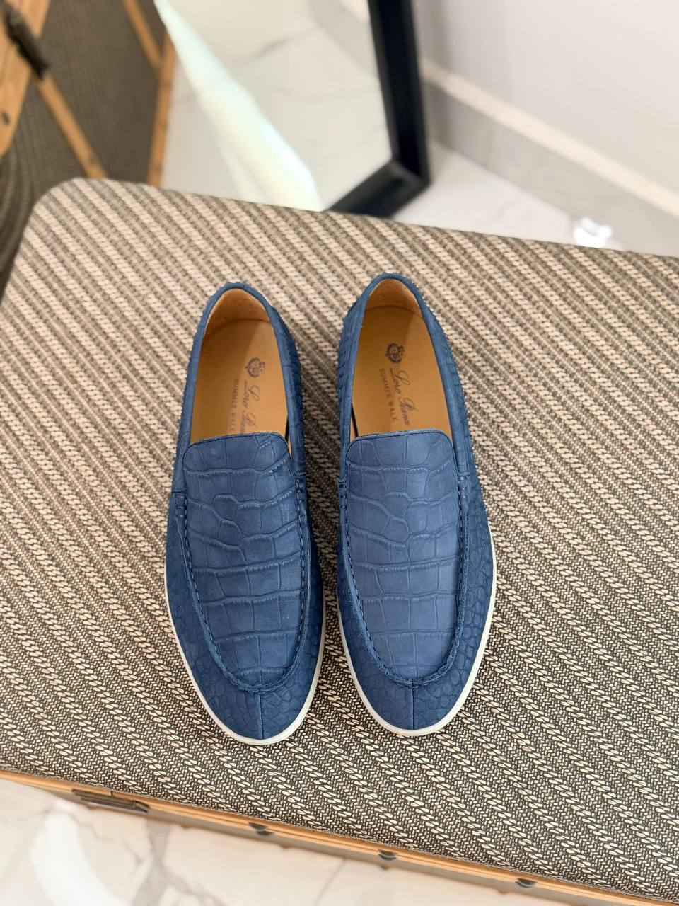 Loro Piana Summer Walk Loafers in Blue Croc-Embossed Suede
