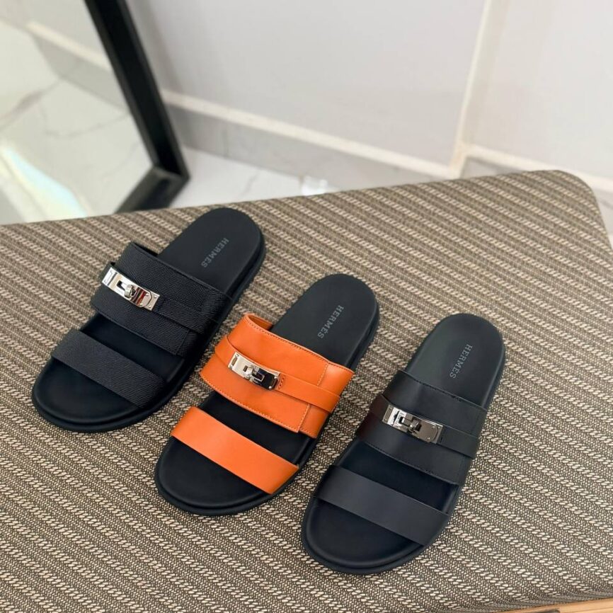 Hermès Izmir Inspired Leather Slide Sandals with Palladium Hardware