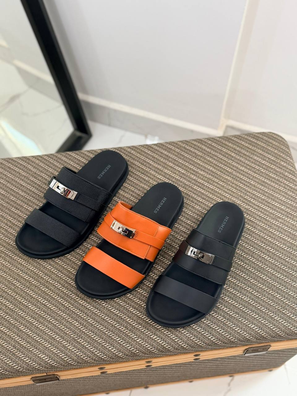 Hermès Izmir Inspired Leather Slide Sandals with Palladium Hardware