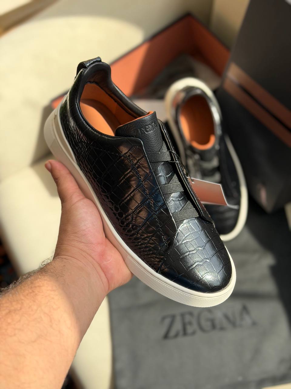 ZEGNA Croco-Embossed Leather Slip-On Sneakers