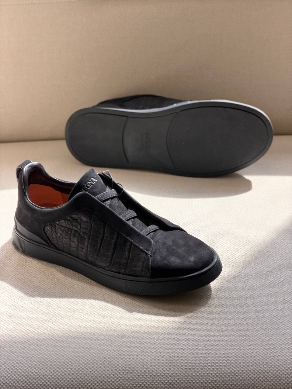 ZEGNA Triple Stitch Mixed-Media Low-Top Sneakers in Black