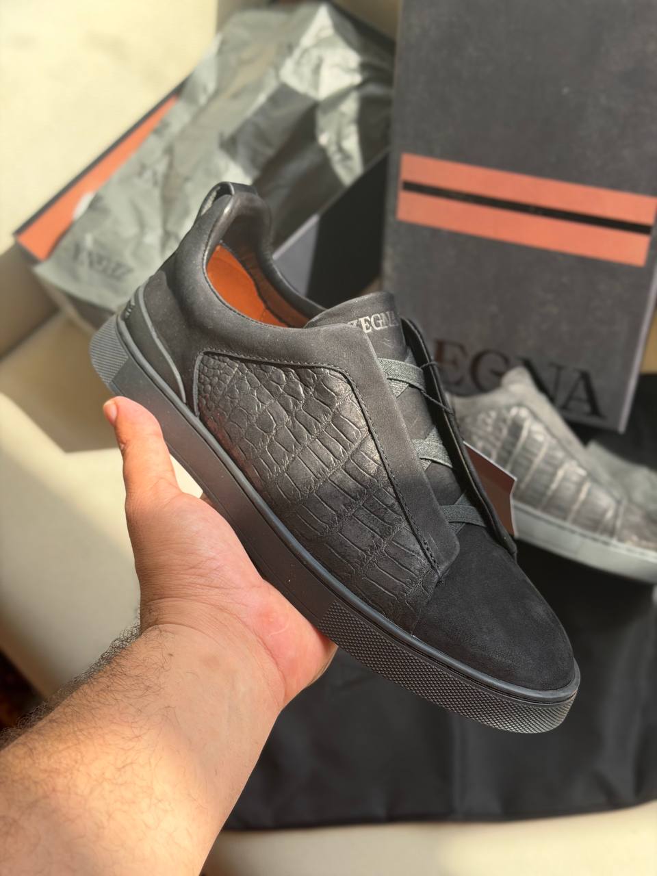 Zegna Mixed-Media Croc-Embossed Slip-On Sneakers