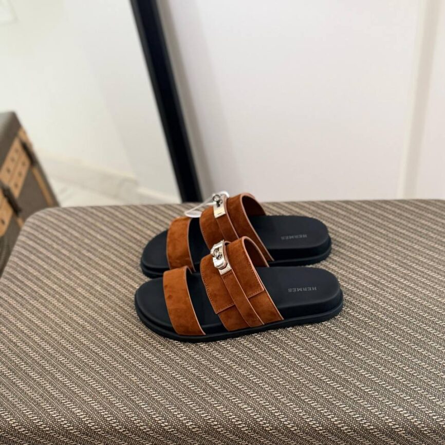 Hermès Suede Double-Strap Slide Sandals with Palladium Hardware