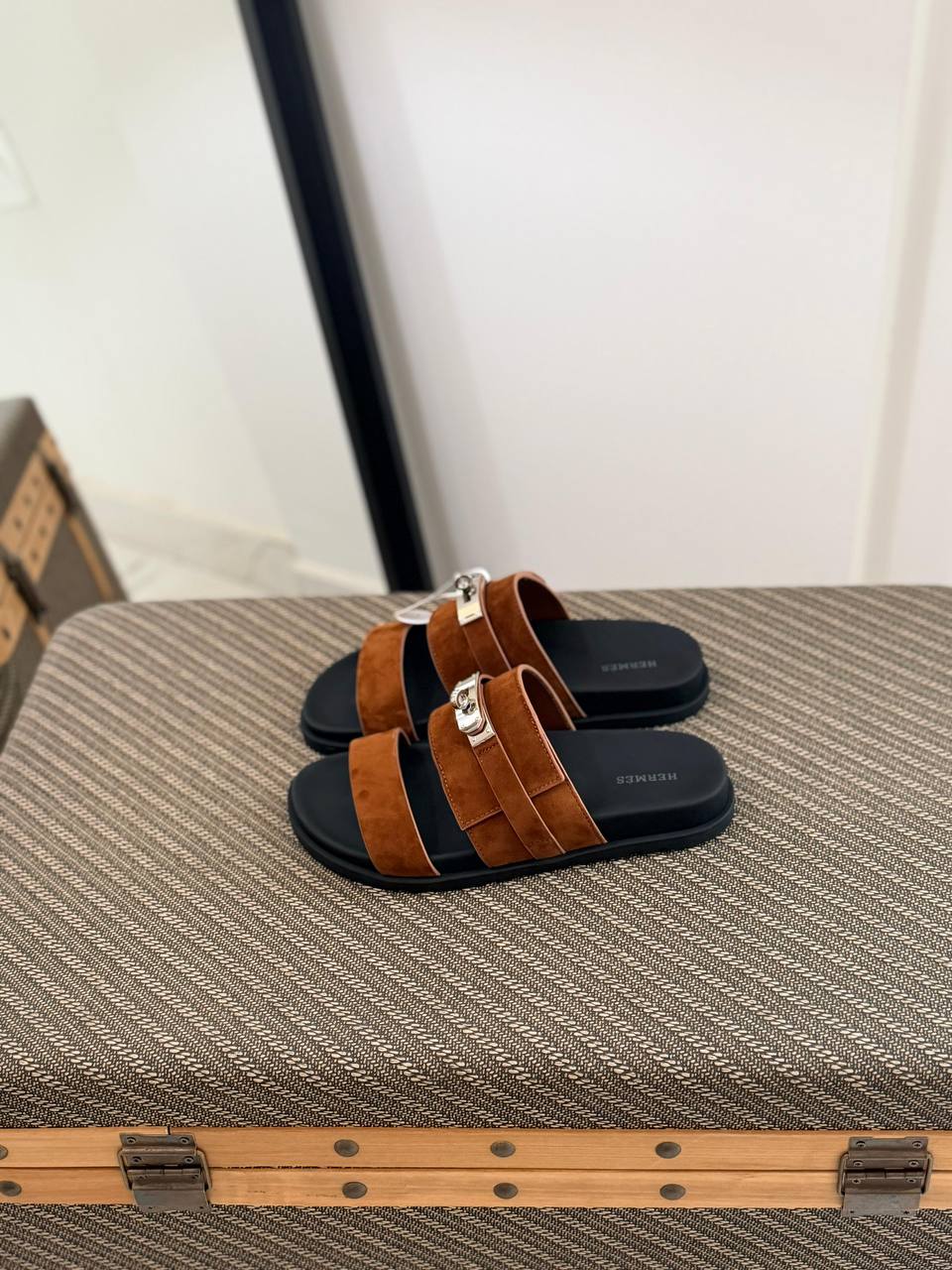 Hermès Suede Double-Strap Slide Sandals with Palladium Hardware