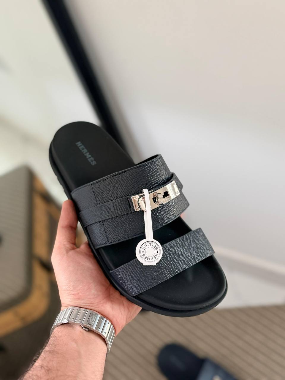 Hermès Chypre Sandal in Black Epsom Calfskin with Palladium Hardware