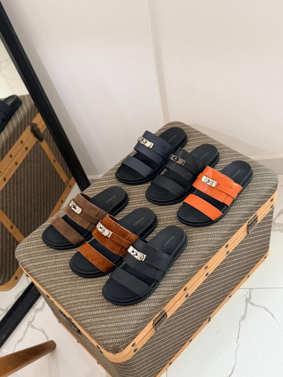 Hermès Izmir Inspired Dual-Strap Leather Slide Sandals