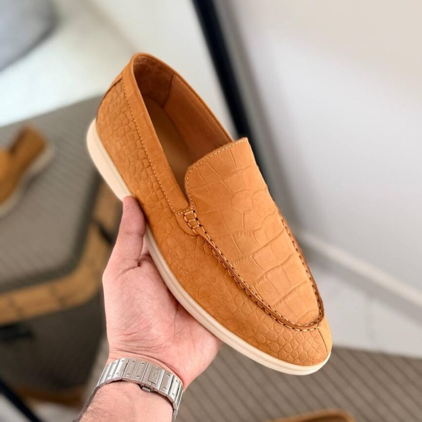 Tan Croc-Embossed Suede Loafer with Comfort Sole