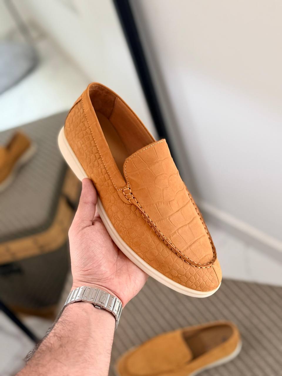 Tan Croc-Embossed Suede Loafer with Comfort Sole