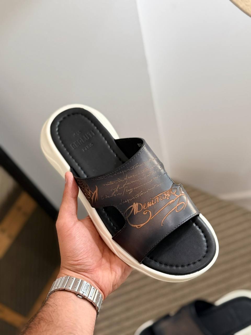 Berluti Signature Scritto Leather Slide Sandals