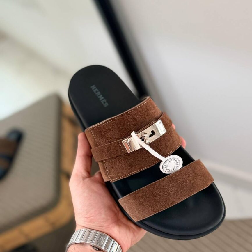 Hermès Kelly Suede Slide Sandals with Palladium Hardware