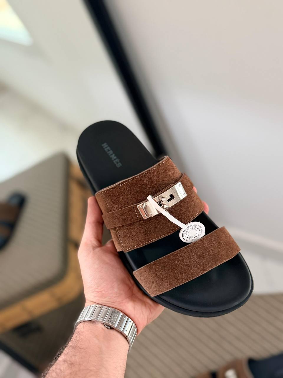 Hermès Kelly Suede Slide Sandals with Palladium Hardware