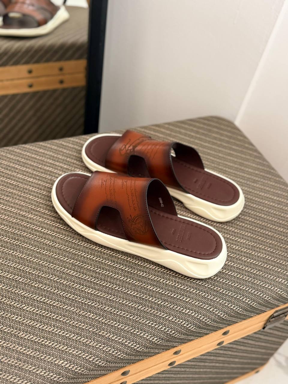 Berluti Scritto Leather Slide Sandals with Contrast Sport Sole