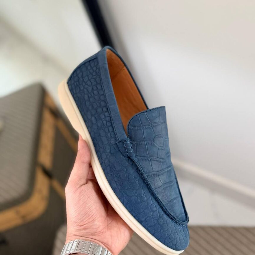 Midnight Azure Crocodile-Embossed Suede Loafer