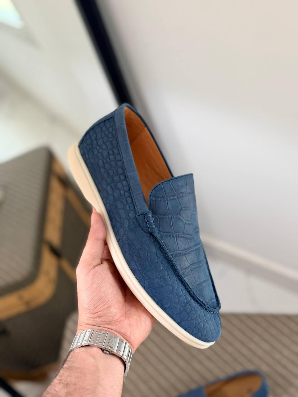 Midnight Azure Crocodile-Embossed Suede Loafer