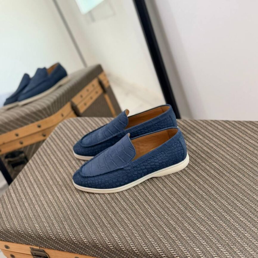 Azure Crocodile-Embossed Suede Loafers with Contrast Sole