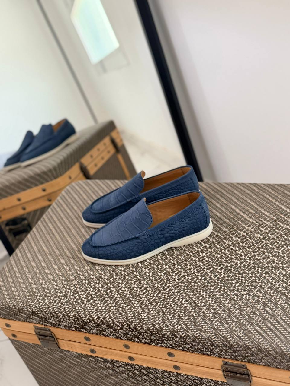 Azure Crocodile-Embossed Suede Loafers with Contrast Sole