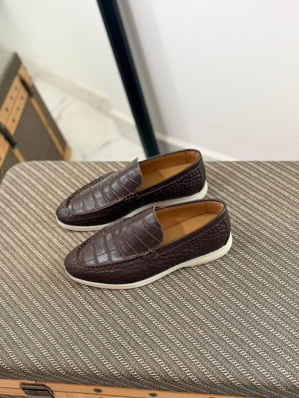 Espresso Croc-Embossed Leather Loafer with Contrast Sole