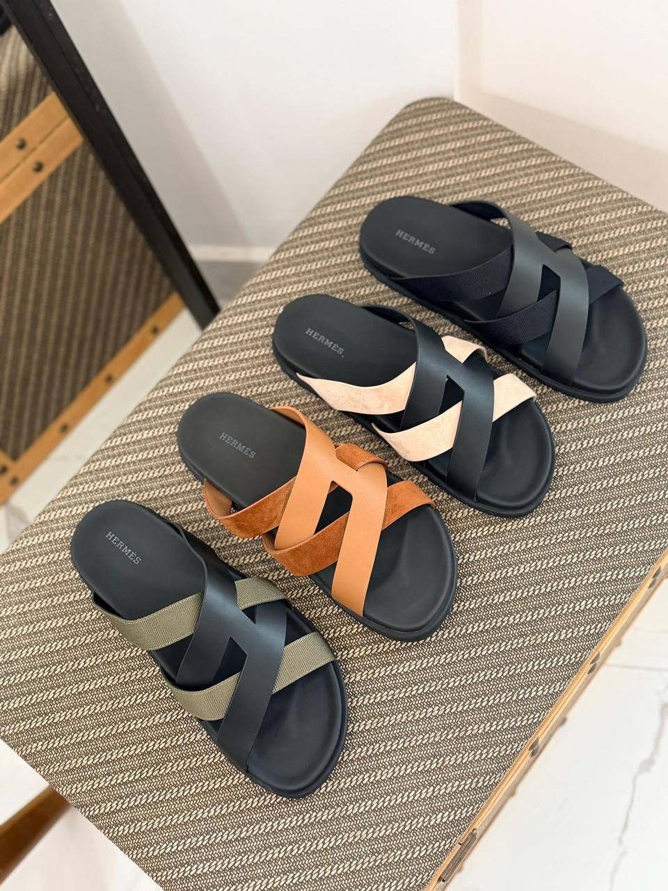 Hermès Izmir Cross-Strap Technical Canvas and Suede Sandals