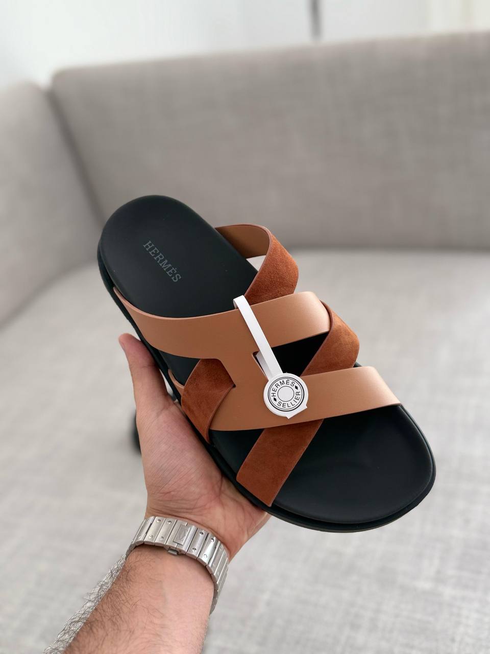 Hermès Chypre Mixed-Material Sandals in Tan and Suede