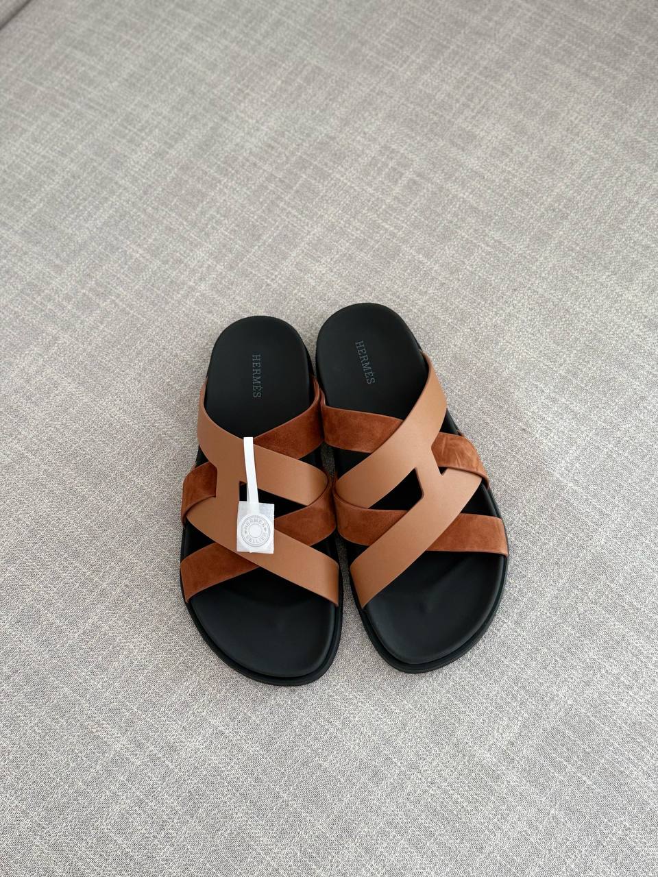 Hermès Izmir Mixed-Media Cross-Strap Sandals in Tan and Suede