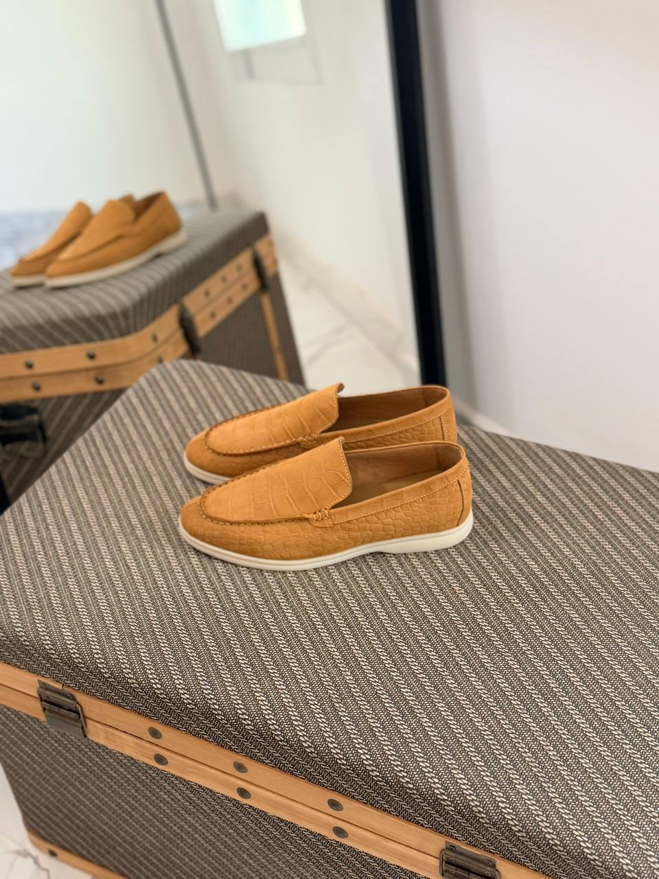 Suede Croco-Embossed Leisure Loafers in Ochre